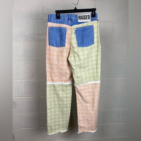 NEW Ragged Priest Multicolor Patchwork‎ Check Wide Leg Jeans Size 28 Fringe Boho - Picture 7 of 12
